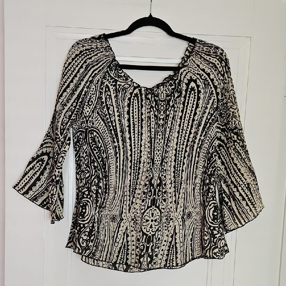 Jaipur Black and Tan Sheer Patterned Blouse, 1/2 Bell Sleeves, Stretchy, Sz Med. - Picture 1 of 9